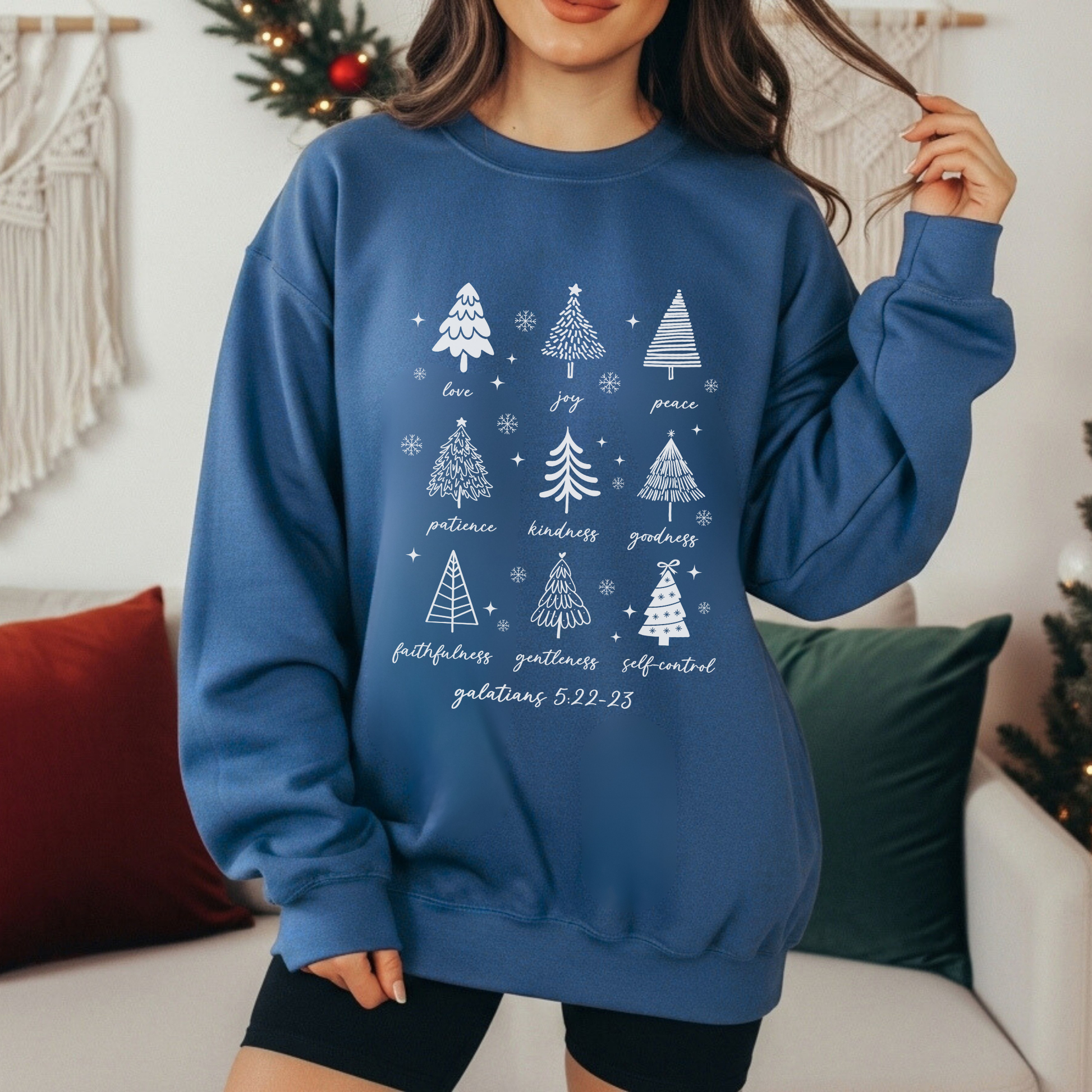 Christian Christmas Sweatshirt, Fruits of the Spirit Trees, Bible Verse Holiday Crewneck, Faith-Based Gift
