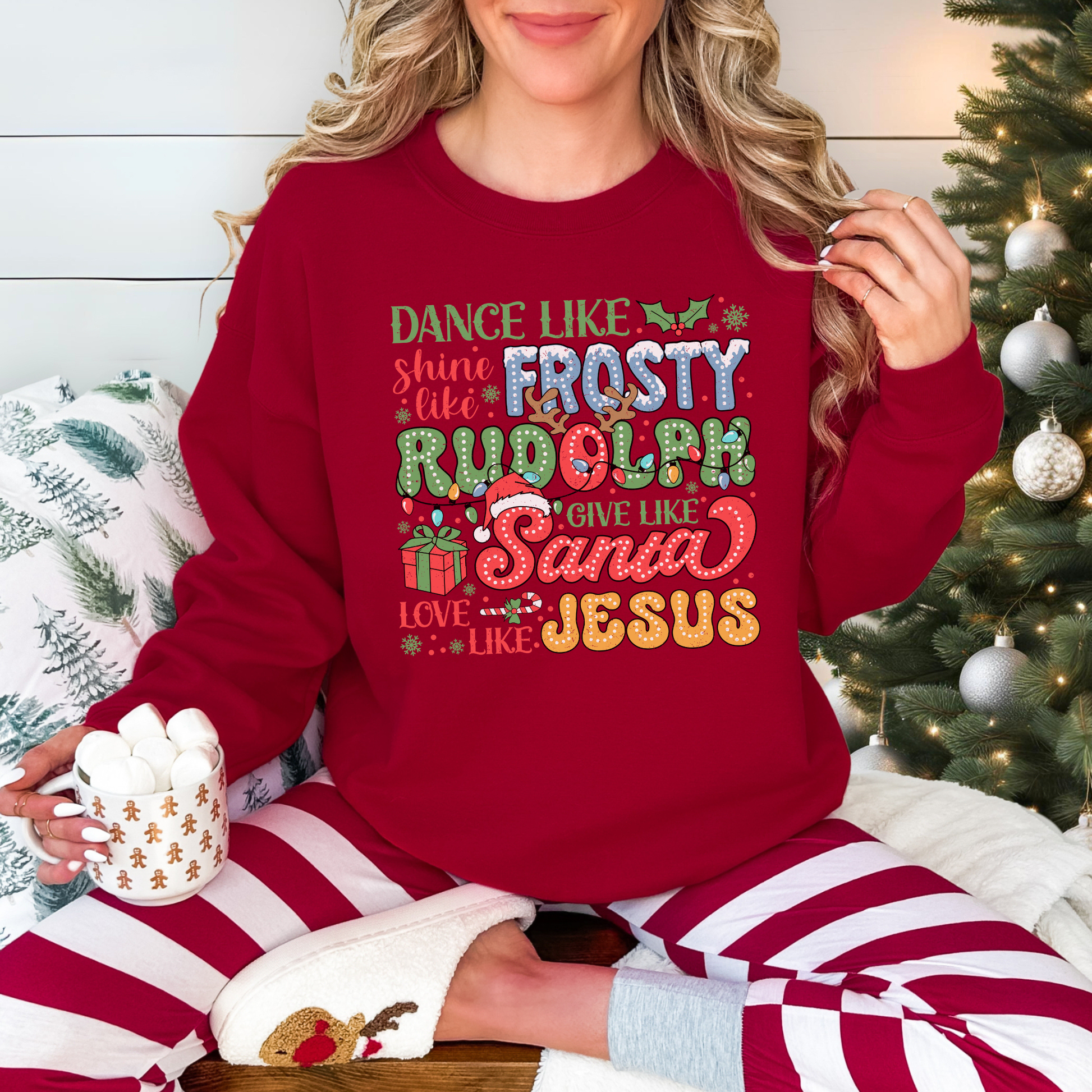 Personalized Christmas Sweatshirt, Dance Like Frosty Rudolph Santa Jesus, Holiday Graphic Gildan 18000 Pullover, Xmas Crewneck