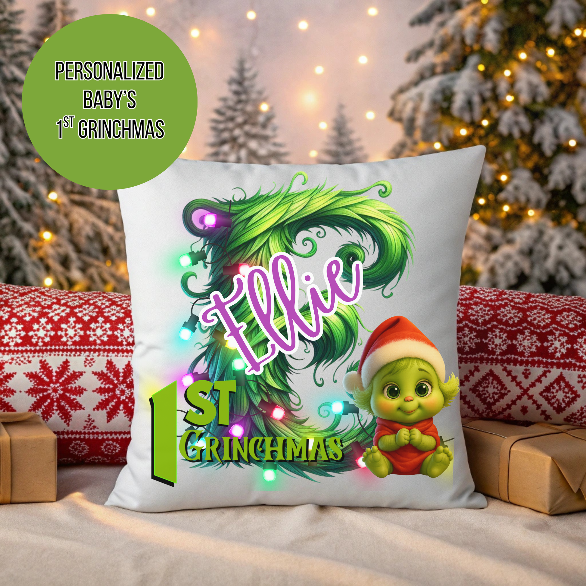 Personalized Grinchy Baby Christmas Pillow, Babys 1st Christmas Gift, Kids Holiday Pillow Cover, Custom Name Christmas Decor