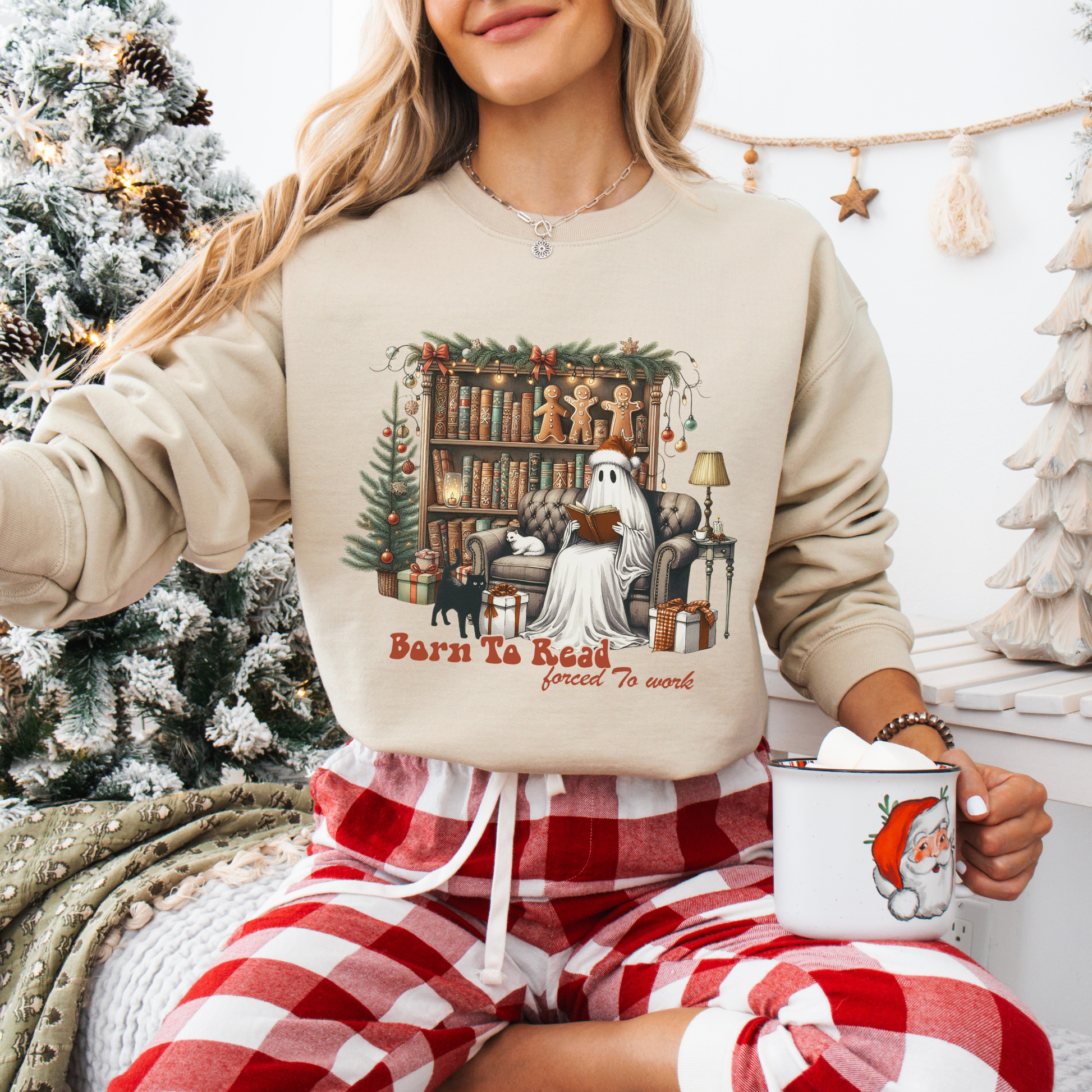Christmas Ghost Reading Shirt, Born to Read Forced to Work Tee, Book Lover Gift, Funny Holiday Book Shirt, Cozy Boo Tee. Comfort Colors