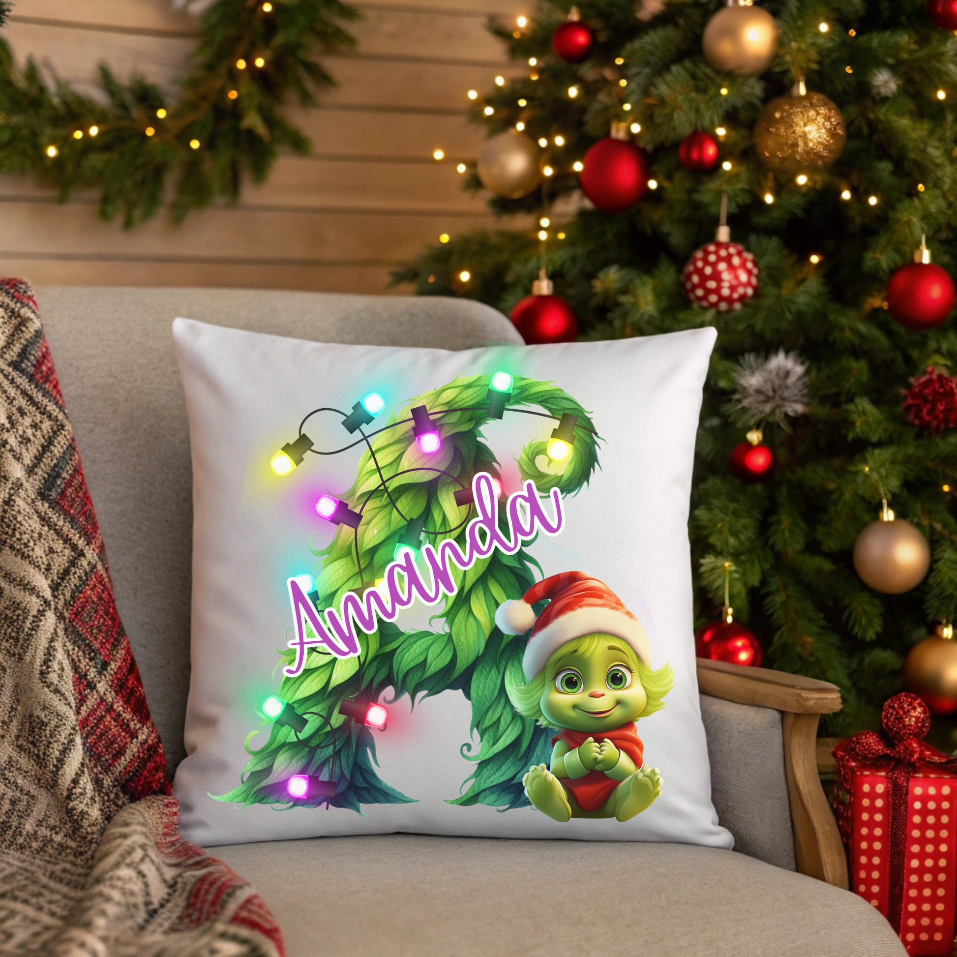 Personalized Grinchy Baby Christmas Pillow, Babys 1st Christmas Gift, Kids Holiday Pillow Cover, Custom Name Christmas Decor