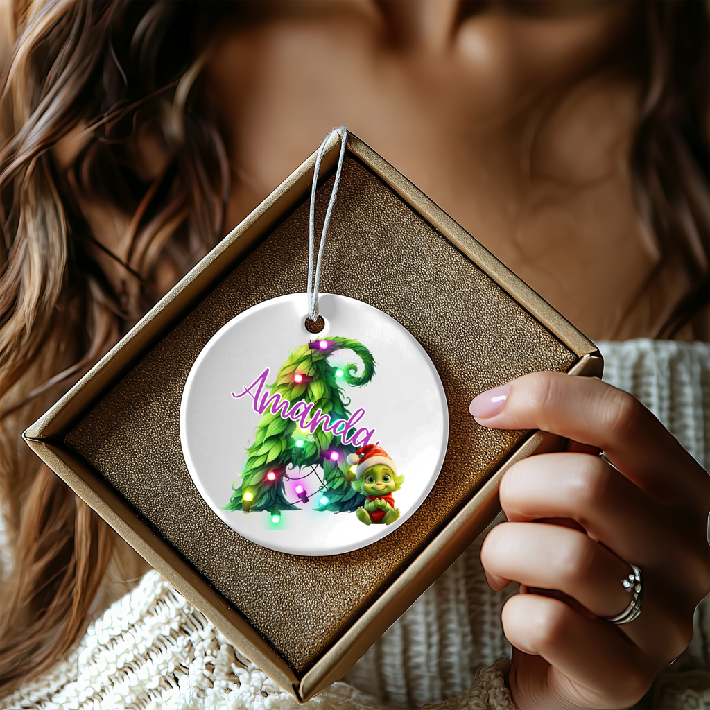 Personalized Kids Christmas Ornament, Babys First Christmas Gift, Custom Ceramic Holiday Ornament with Name, Grinchy Green Decor