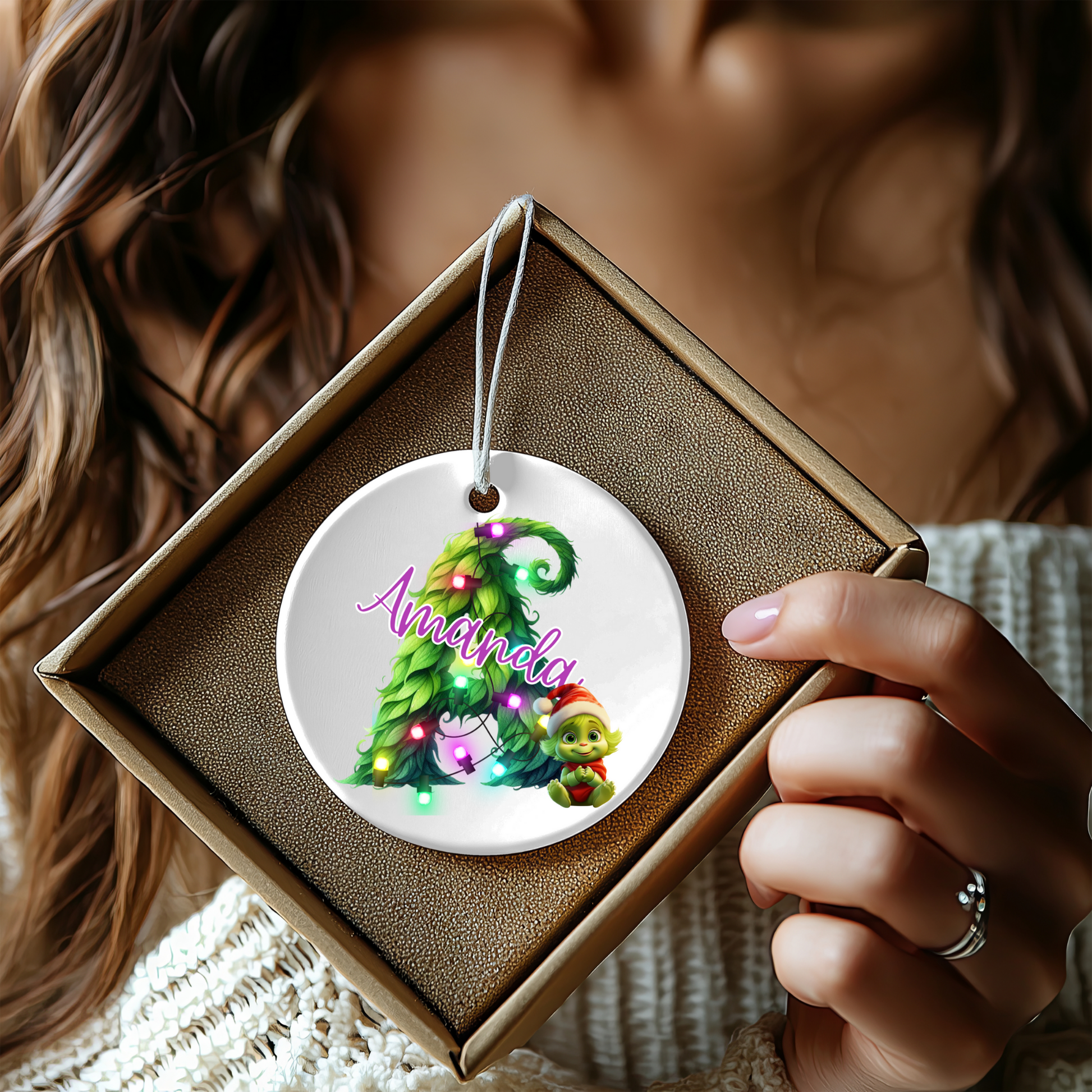 Personalized Kids Christmas Ornament, Babys First Christmas Gift, Custom Ceramic Holiday Ornament with Name, Grinchy Green Decor