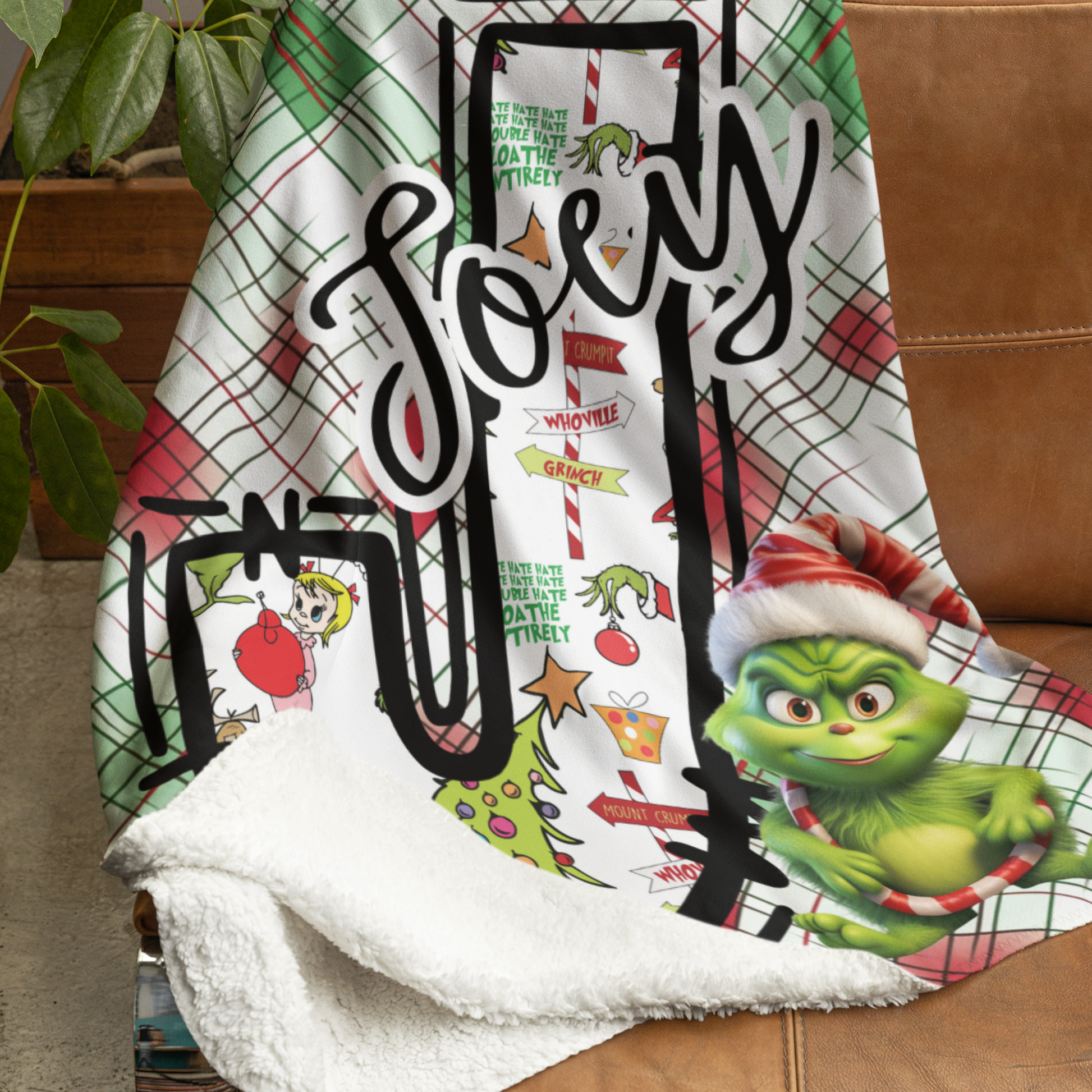 Sherpa Fleece Blanket, Personalized Christmas Grinch Blanket, Holiday Gift, Custom Name Blanket, Christmas Decor, Stocking Stuffer