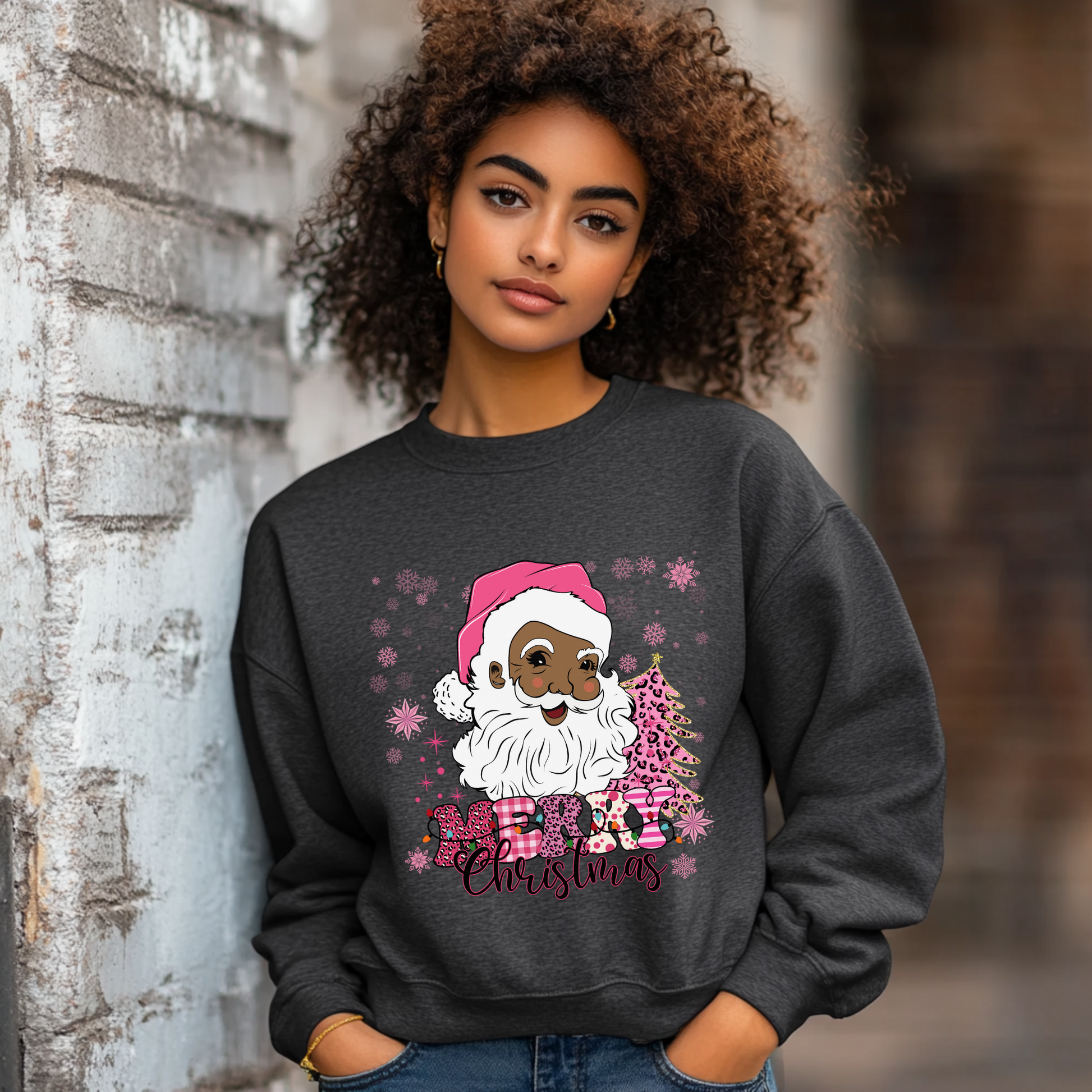 Retro African Santa Sweatshirt, Pink Christmas Winter Jumper, Cozy Holiday Pullover, Festive Xmas Top, Nostalgic Winter Clothing