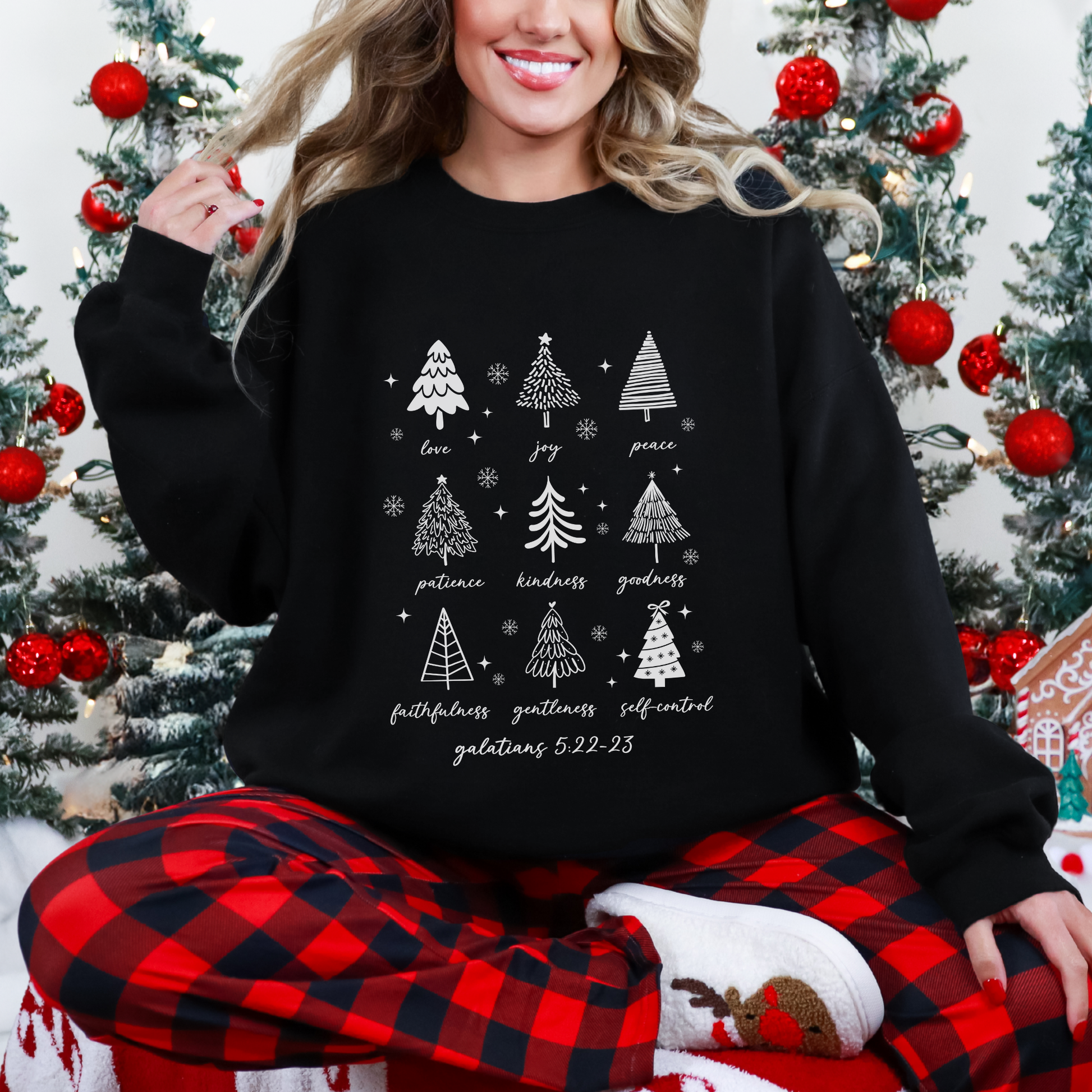 Christian Christmas Sweatshirt, Fruits of the Spirit Trees, Bible Verse Holiday Crewneck, Faith-Based Gift