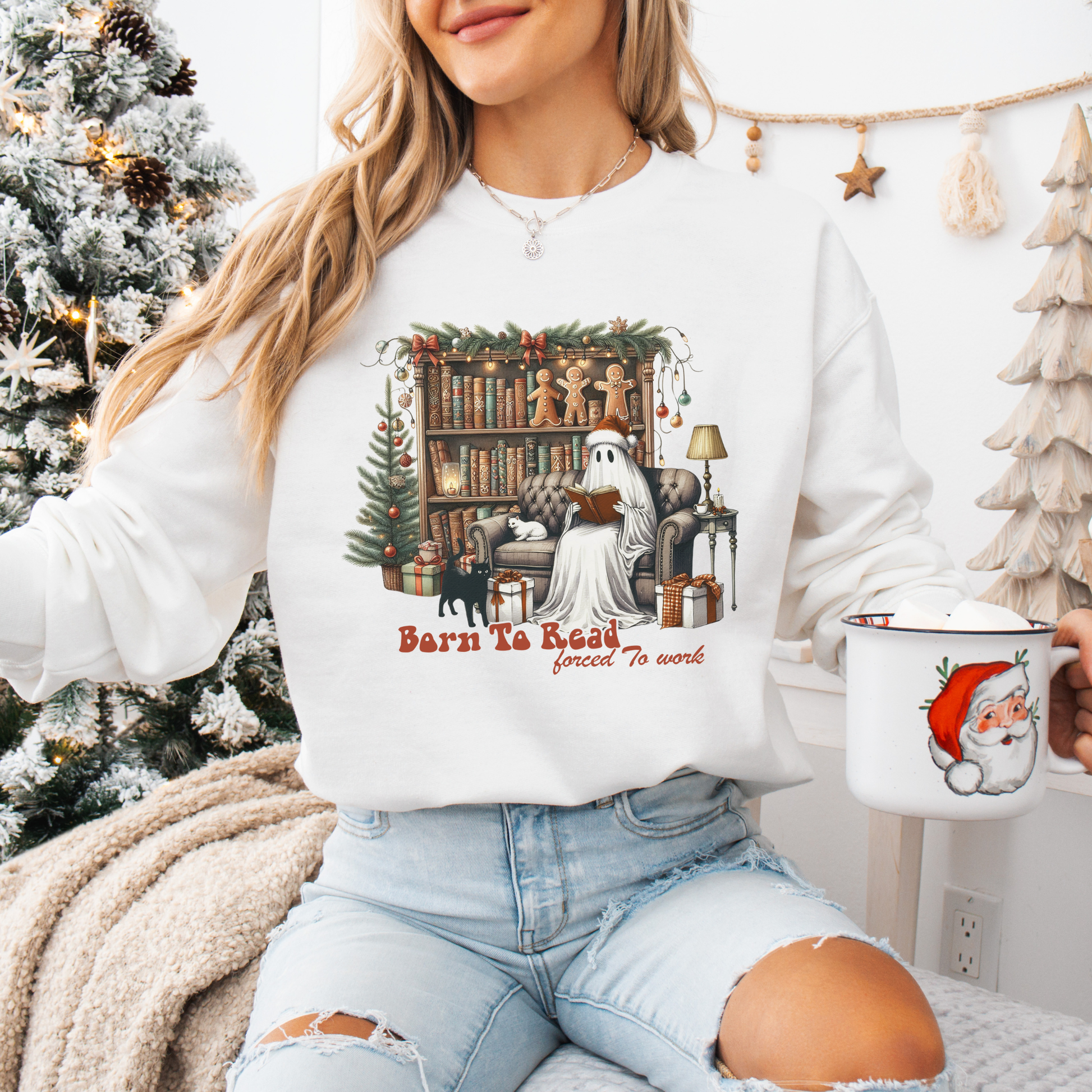 Christmas Ghost Reading Shirt, Born to Read Forced to Work Tee, Book Lover Gift, Funny Holiday Book Shirt, Cozy Boo Tee. Comfort Colors