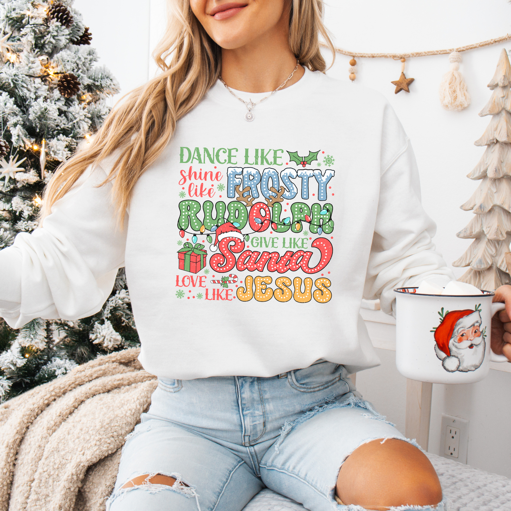 Personalized Christmas Sweatshirt, Dance Like Frosty Rudolph Santa Jesus, Holiday Graphic Gildan 18000 Pullover, Xmas Crewneck