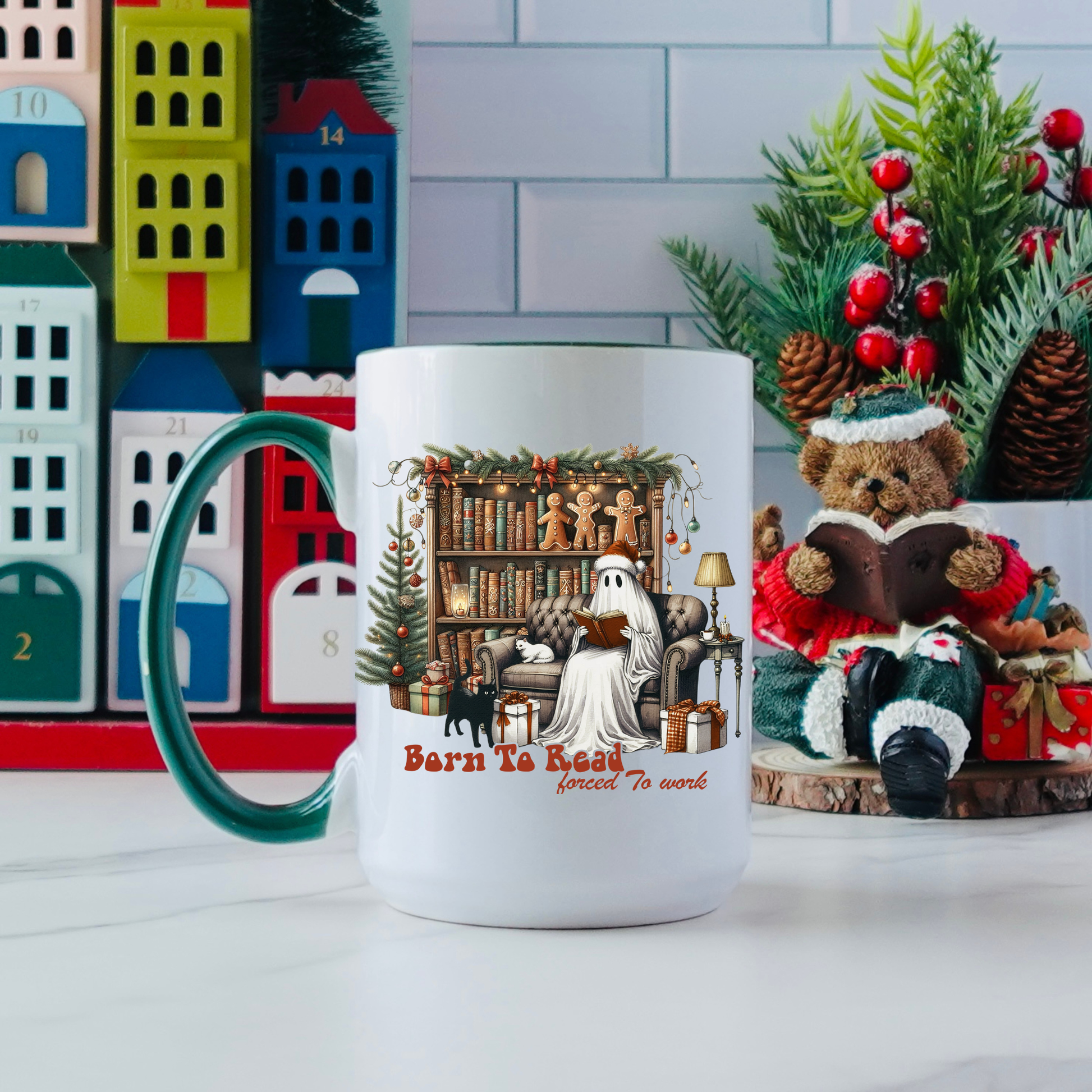 Christmas Ghost Mug, Born to Read Forced to Work Cup, Holiday Book Lover Coffee Mug, Funny Gothic Xmas Gift | 11oz & 15oz