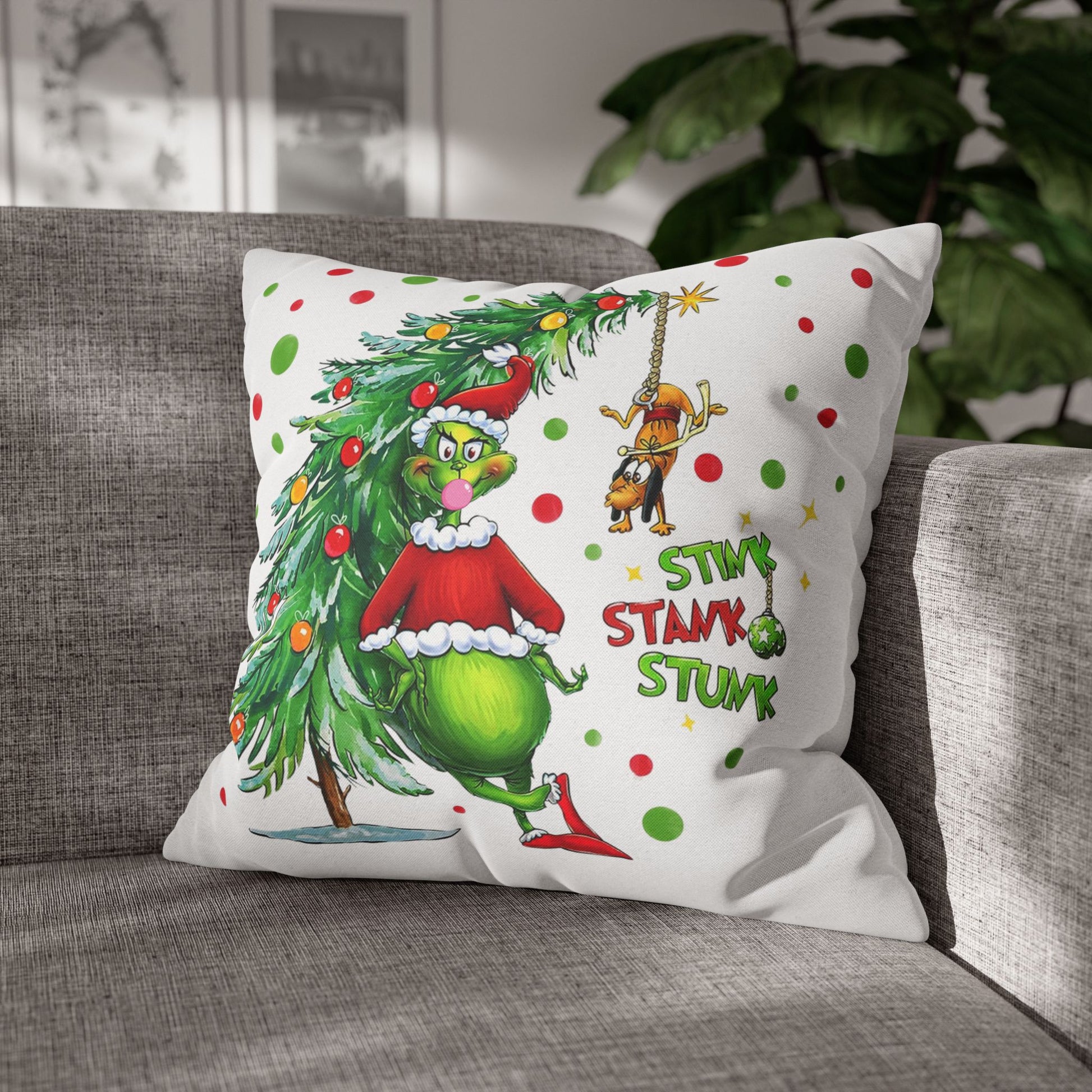 Personalized Grinch Christmas Pillow, Custom Name & Year Holiday Pillow Cover, Funny Kids Xmas Decor Gift