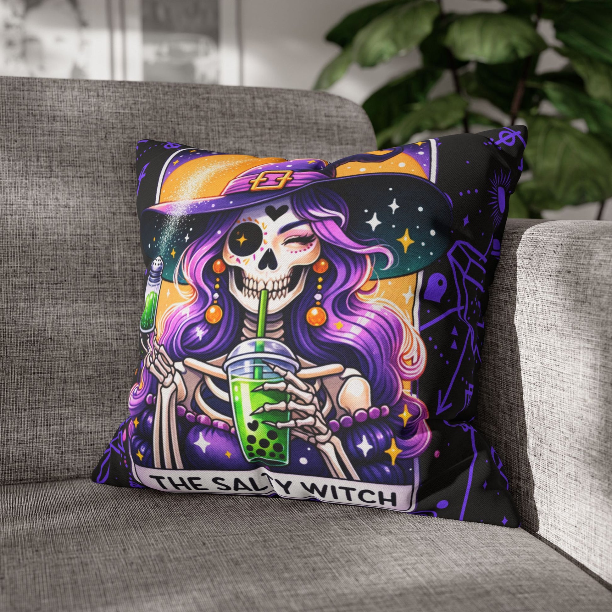 Salty Witch Tarot Pillow Cover – Halloween Skeleton Witch Decor – Witchy Throw Cover – No Insert Included