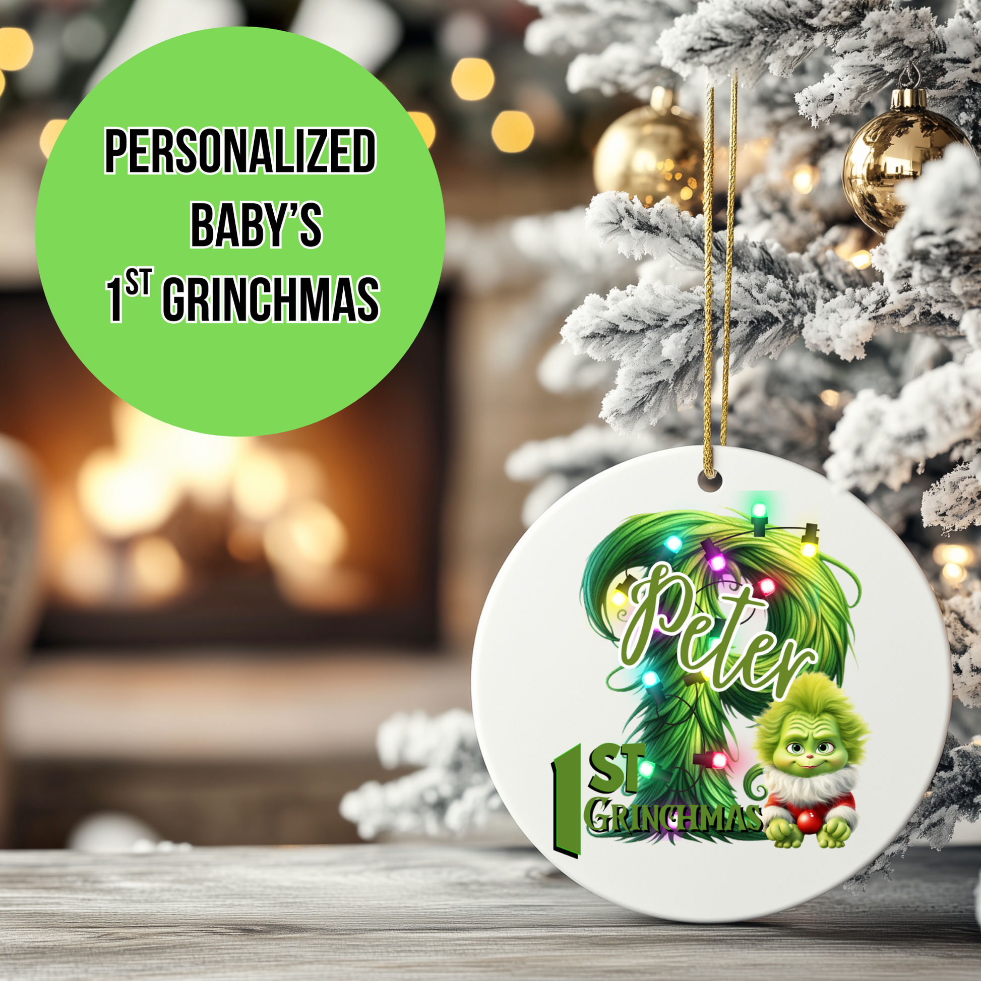 Personalized Kids Christmas Ornament, Babys First Christmas Gift, Custom Ceramic Holiday Ornament with Name, Grinchy Green Decor