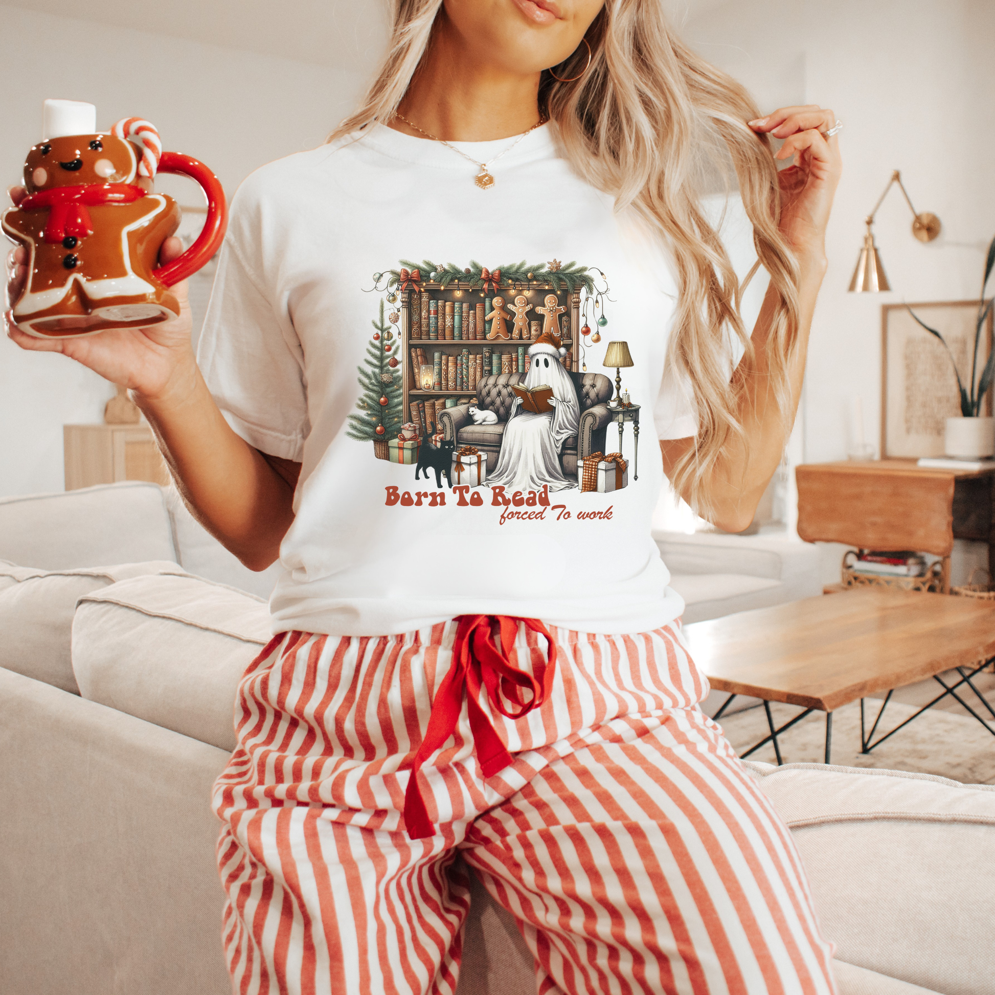 Christmas Ghost Reading Shirt, Born to Read Forced to Work Tee, Book Lover Gift, Funny Holiday Book Shirt, Cozy Boo Tee Comfort Colors