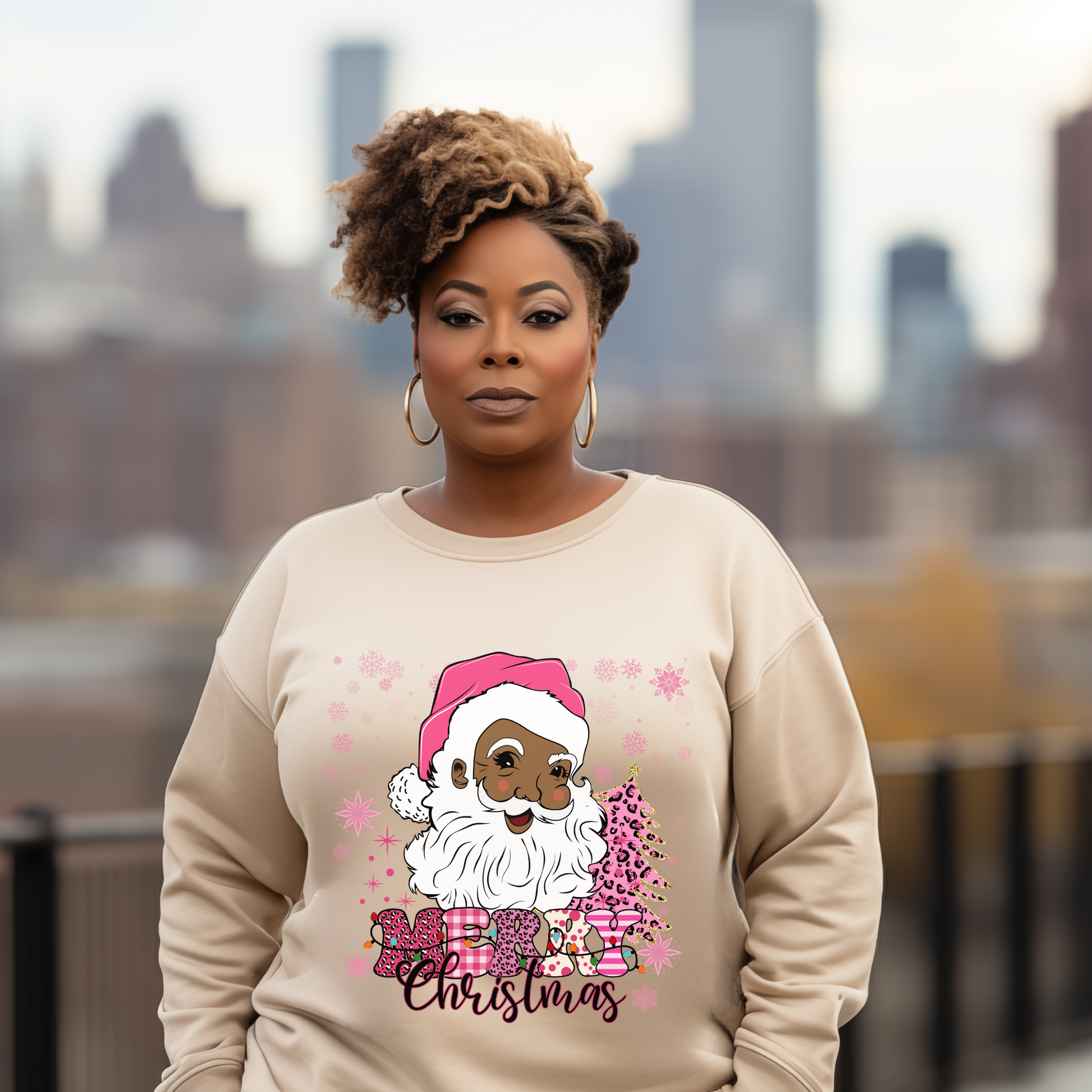 Retro African Santa Sweatshirt, Pink Christmas Winter Jumper, Cozy Holiday Pullover, Festive Xmas Top, Nostalgic Winter Clothing