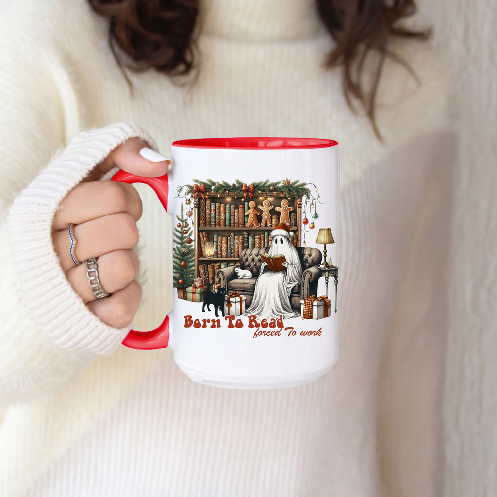 Christmas Ghost Mug, Born to Read Forced to Work Cup, Holiday Book Lover Coffee Mug, Funny Gothic Xmas Gift | 11oz & 15oz