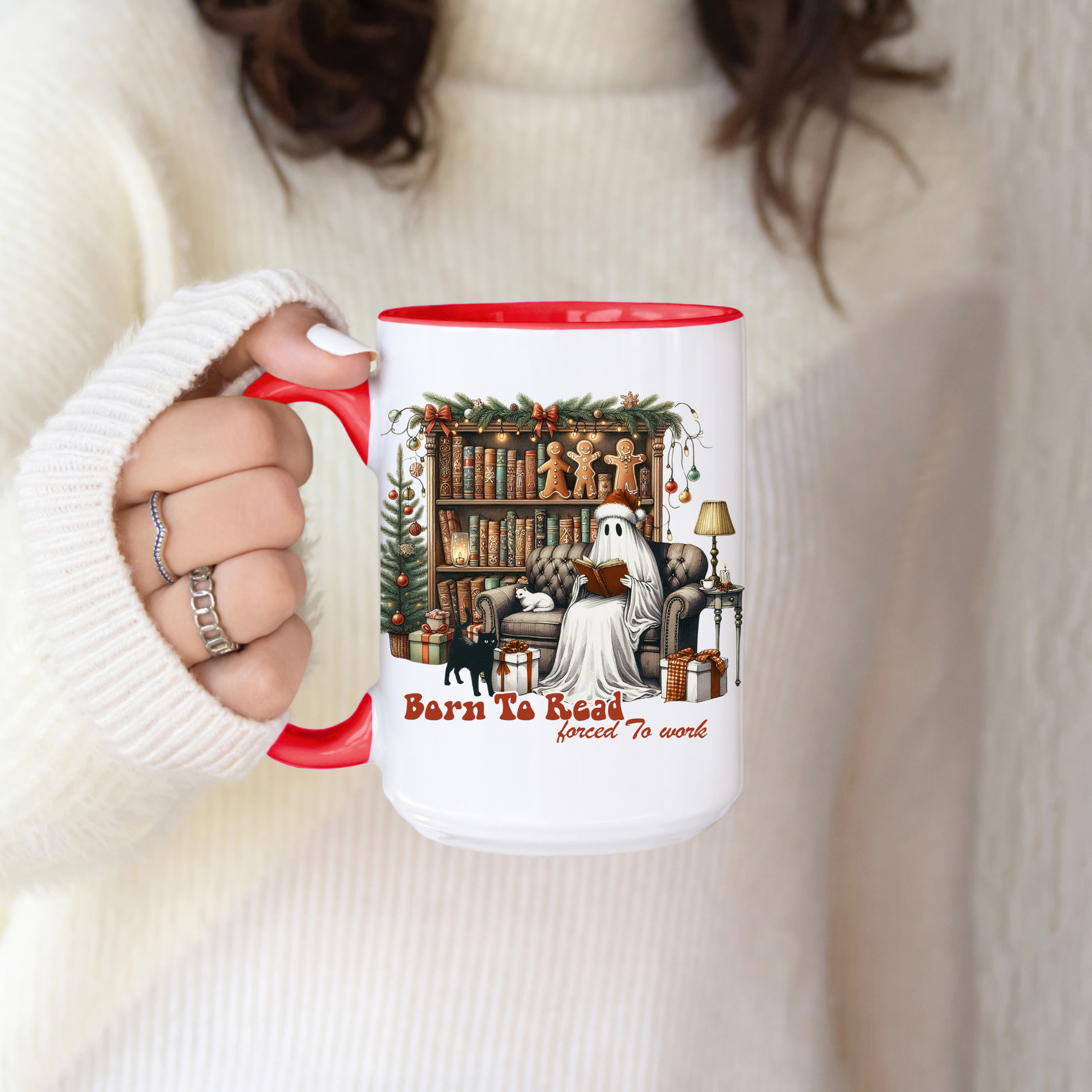 Christmas Ghost Mug, Born to Read Forced to Work Cup, Holiday Book Lover Coffee Mug, Funny Gothic Xmas Gift | 11oz & 15oz
