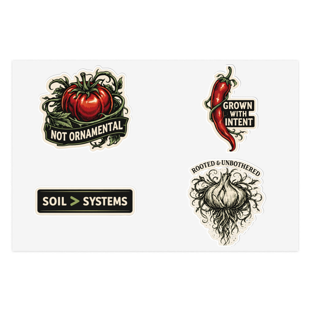 Gardener Sticker Sheet — "Not Ornamental" Tomato, "Grown With Intent" Chili & Soil > Systems
