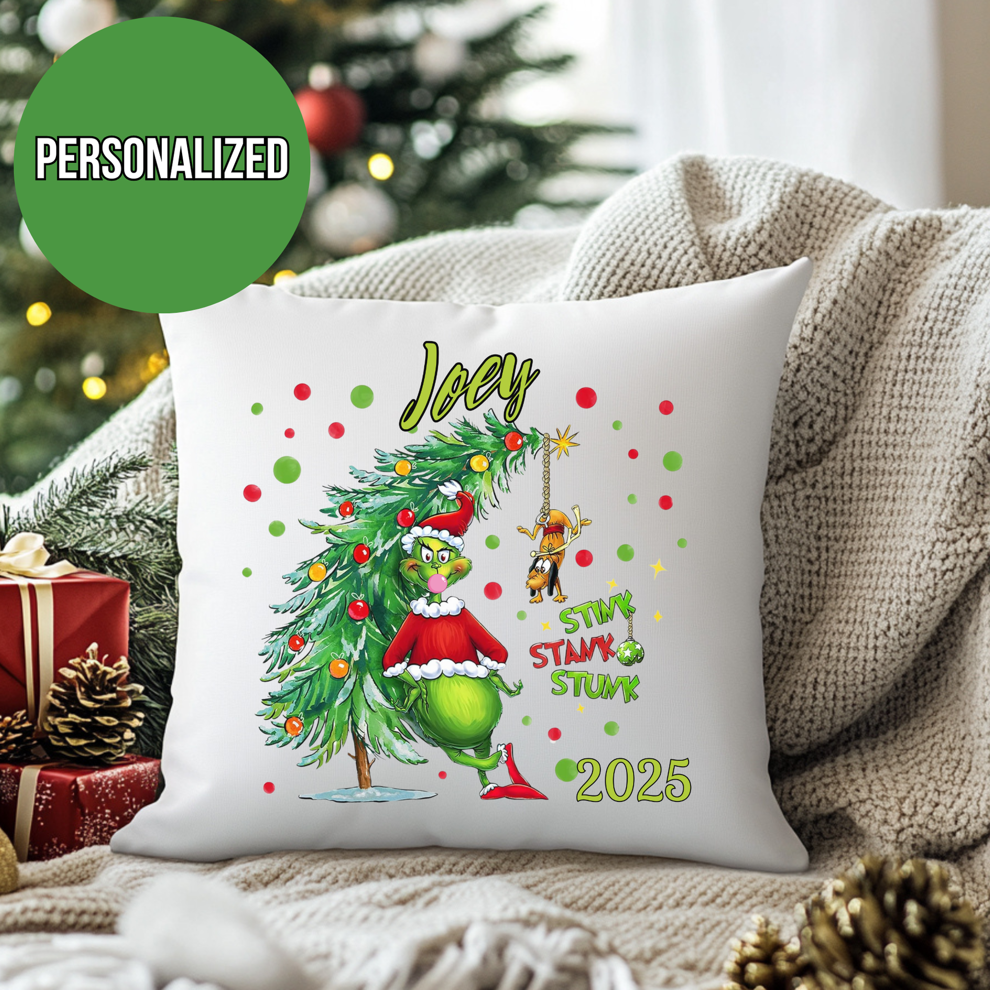 Personalized Grinch Christmas Pillow, Custom Name & Year Holiday Pillow Cover, Funny Kids Xmas Decor Gift
