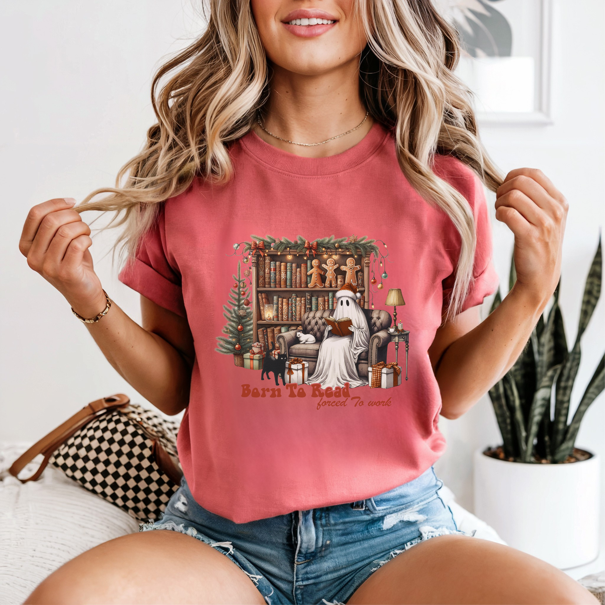 Christmas Ghost Reading Shirt, Born to Read Forced to Work Tee, Book Lover Gift, Funny Holiday Book Shirt, Cozy Boo Tee Comfort Colors