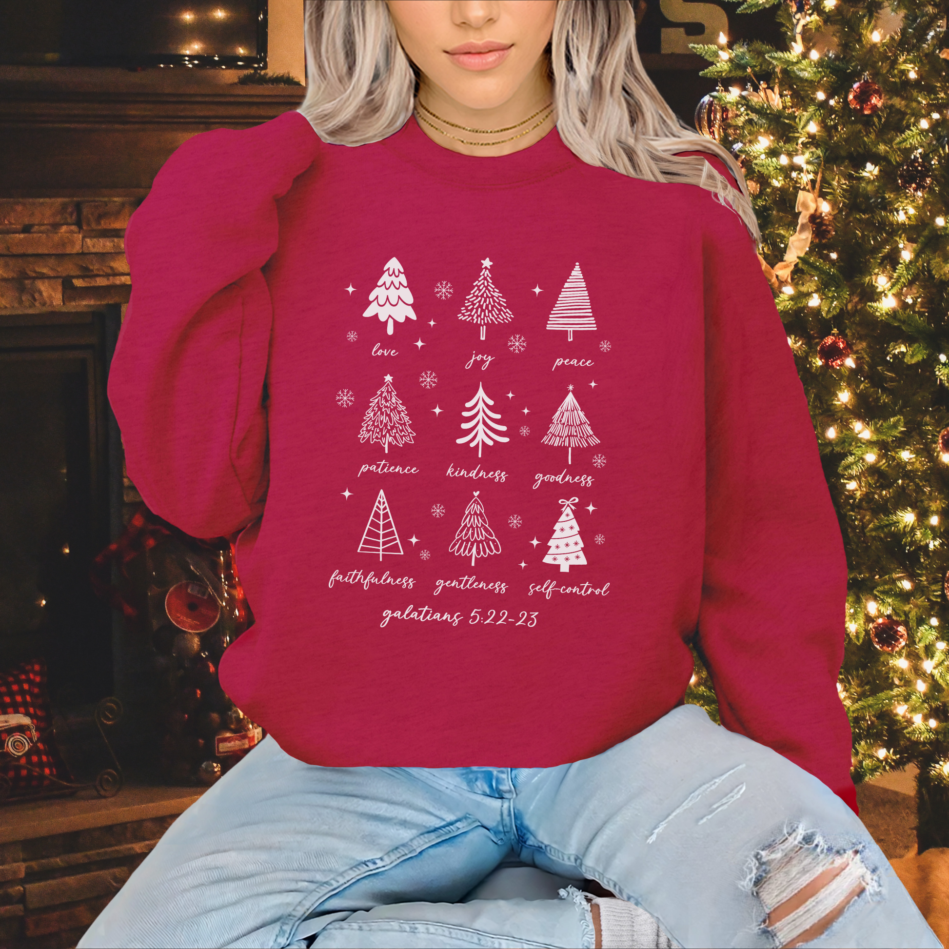 Christian Christmas Sweatshirt, Fruits of the Spirit Trees, Bible Verse Holiday Crewneck, Faith-Based Gift