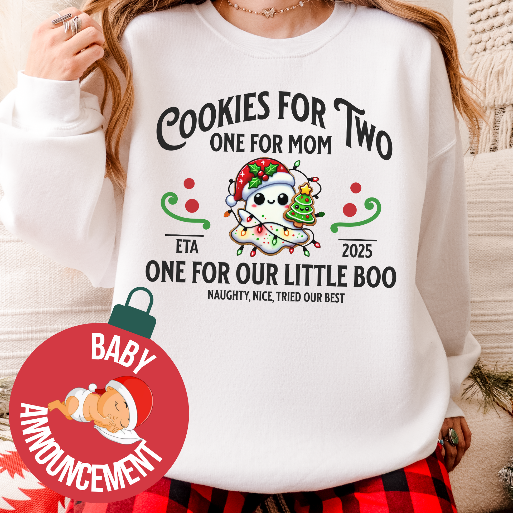 Christmas Birth Announcement Sweatshirt, Trendy Boho Ghost, Hot Chocolate, Cookies, Women's Gift, Unique Baby Announcement