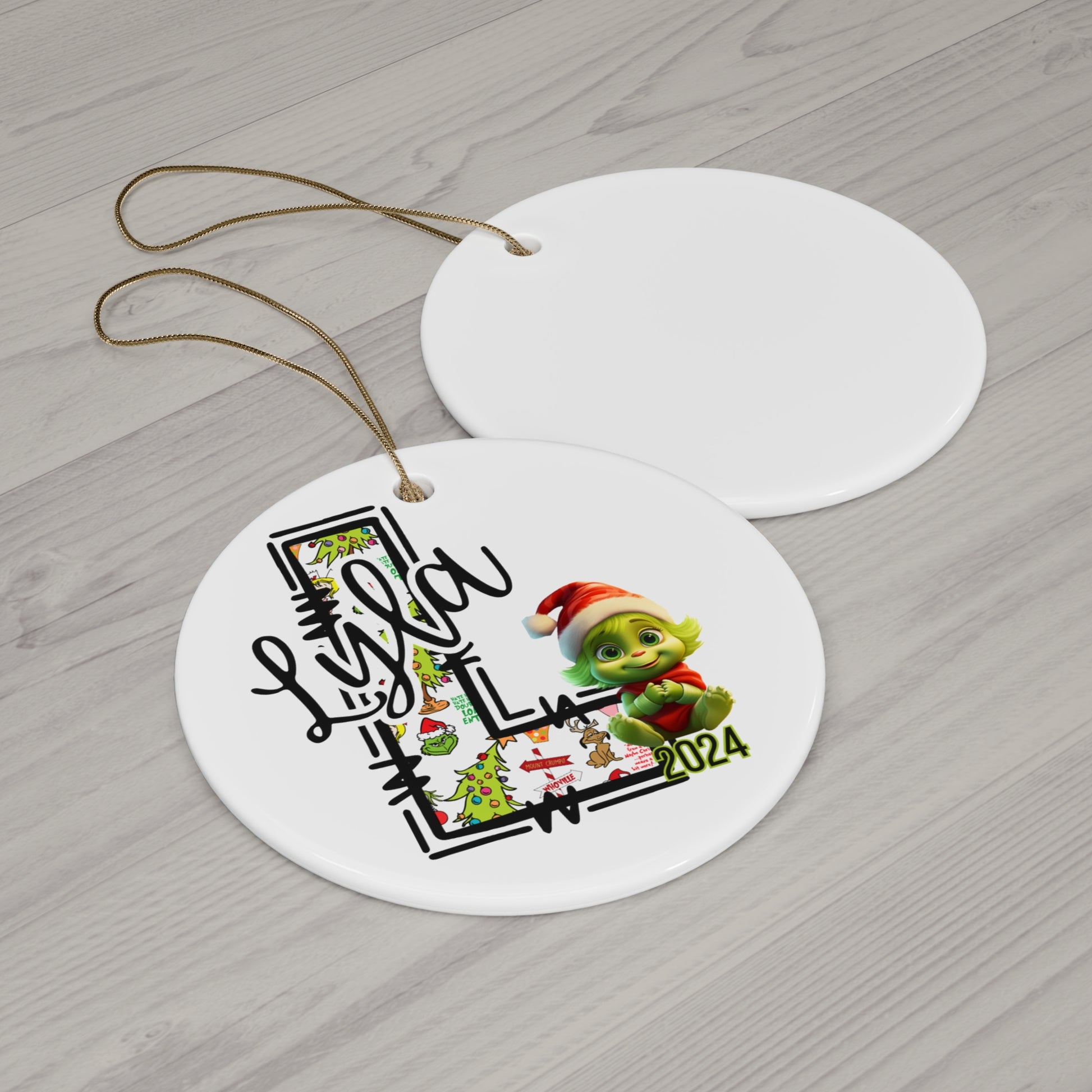 Personalized Baby Grinchie Ceramic Ornament, Children's First Initial, Year 2024, Gift Giving, Tree Decoration, Christmas Decor, Grinchie Bed