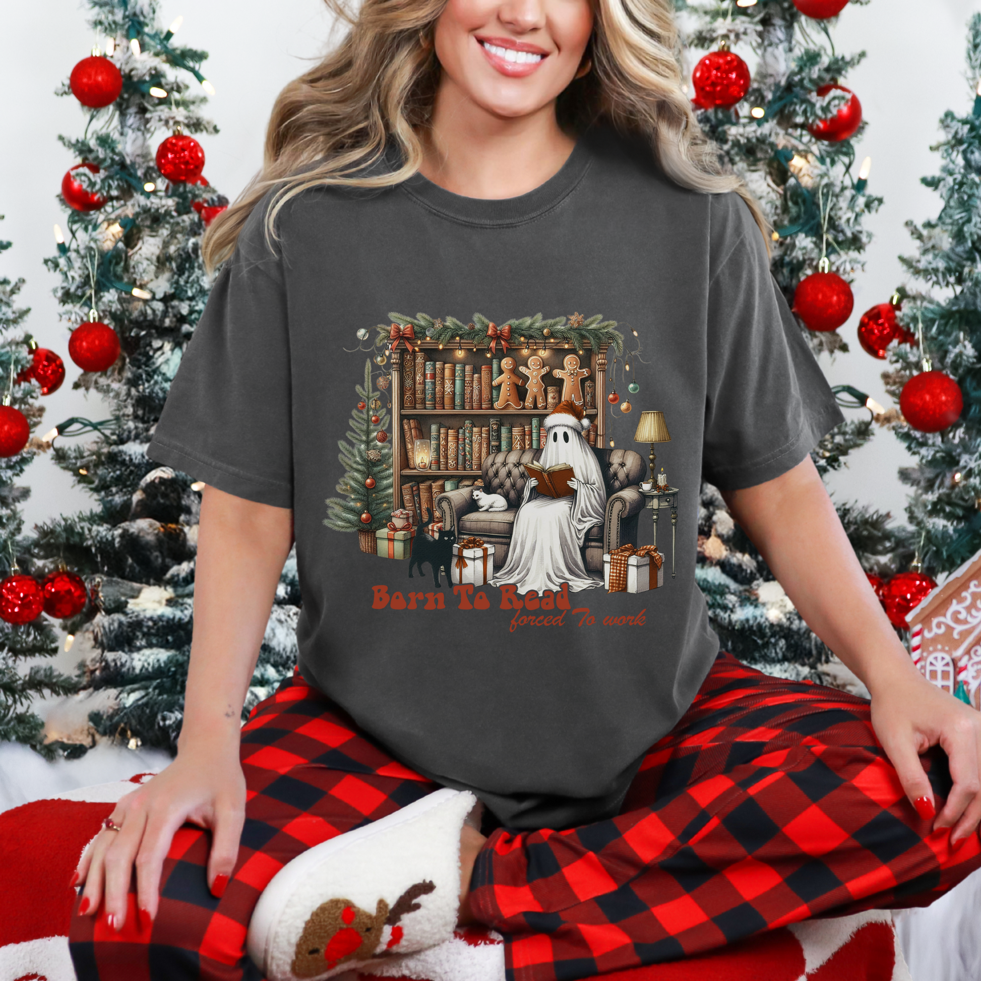Christmas Ghost Reading Shirt, Born to Read Forced to Work Tee, Book Lover Gift, Funny Holiday Book Shirt, Cozy Boo Tee Comfort Colors