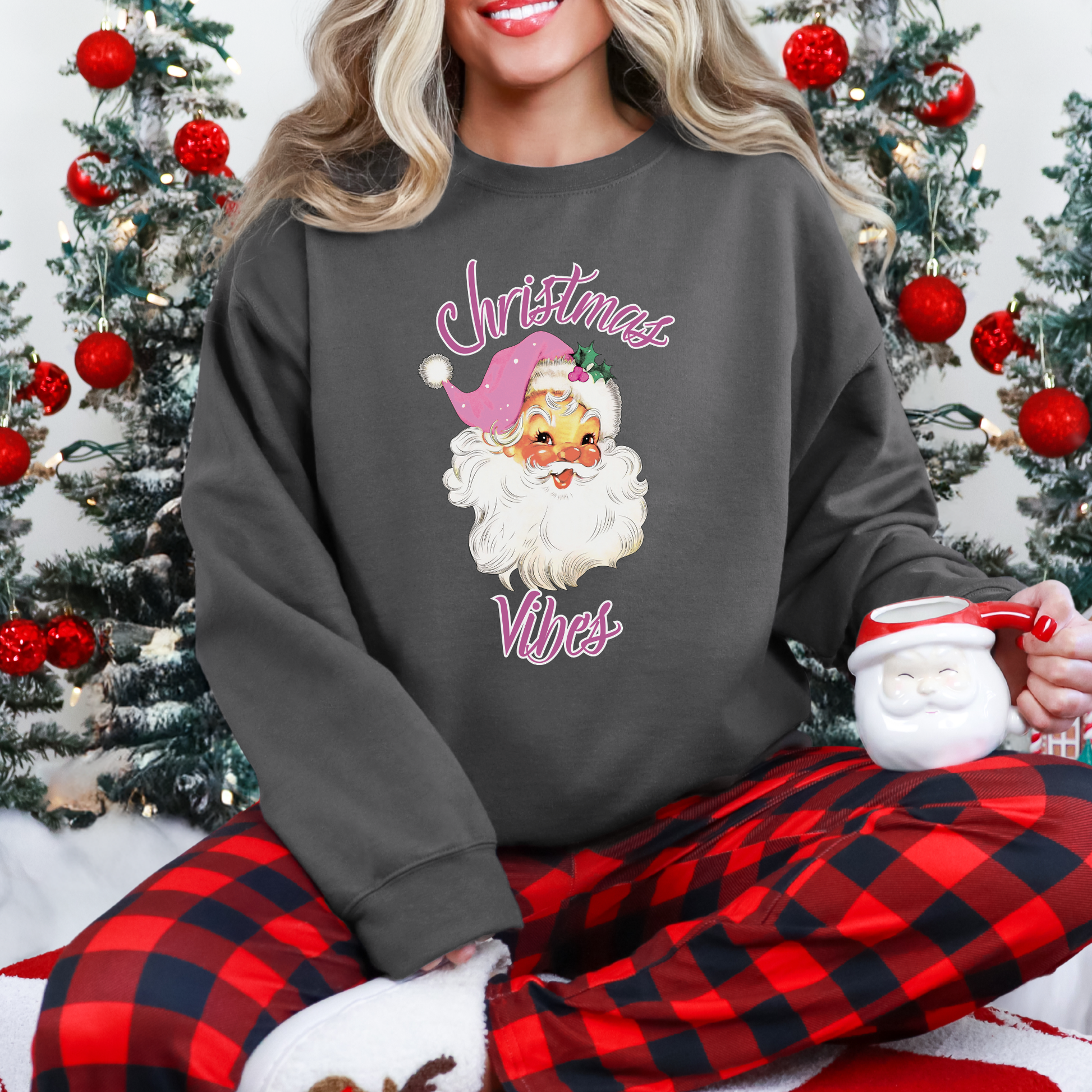 Pink Retro Santa Christmas Sweatshirt | Christmas Vibes Gildan 18000 Pullover | Vintage Holiday Crewneck for Women